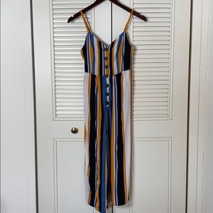 striped romper, capri length